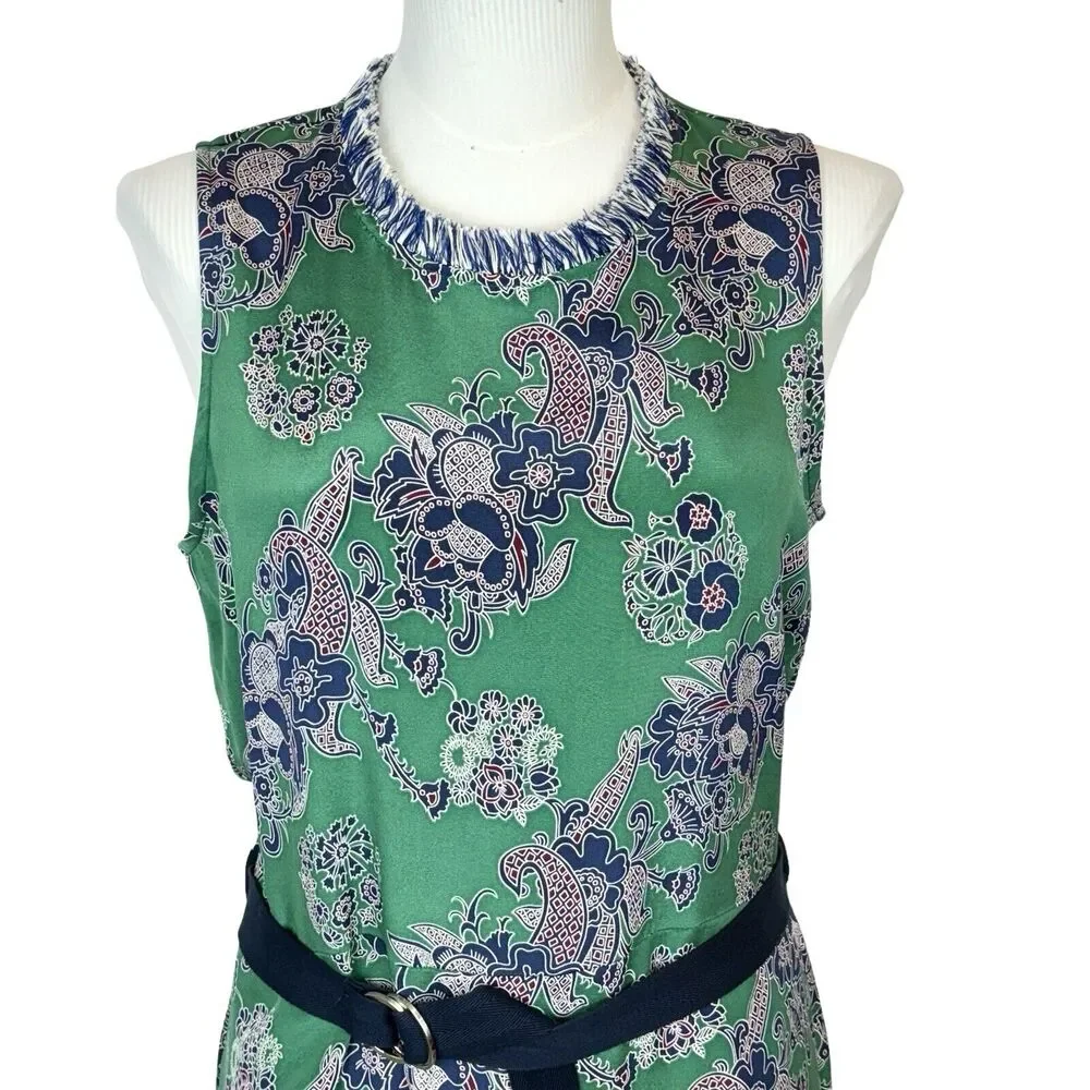 EUC Sea New‎ York Silk Sleeveless Midi Dress. Sz 8 Belted Pockets Fringe Green - Picture 2 of 16